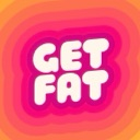 Text reading GET FAT in white rounded letters centered on a wavy pink and orange background.