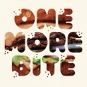 The words One More Bite written in a font filled with a burger texture including meat and lettuce.