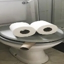 Two rolls of toilet paper placed on a toilet seat to look like a pair of wide, staring eyes.