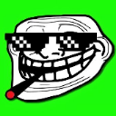 Troll face character wearing pixelated black sunglasses and holding a cigar with a red tip against a bright green background.