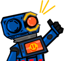 A blue robot with a glowing orange eye and a smiley face screen gives a thumbs up gesture.
