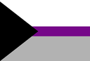 Flag with a black triangle on the left and horizontal white, purple, and gray stripes.