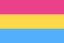 Flag with horizontal pink, yellow, and blue stripes.