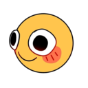 Yellow circular face with large, wide eyes and a small smile, featuring pink blush marks on the cheeks.