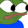 Green frog character staring intensely at a small purple potion bottle.