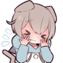 A chibi character with animal ears covering their face with their hands while blushing intensely.