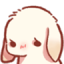 A small white bunny with long ears looking down with a sad, dejected expression.