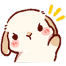 A small white bunny with a grumpy expression waving one paw with yellow motion lines above its head.