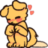 A yellow puppy sitting down with a shy, blushing expression and two pink hearts floating above its head.