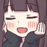 Anime girl with dark hair blushing and smiling widely with her hands cupping her face.