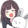 Anime girl with a wide happy smile hugging a white stuffed rabbit tightly.