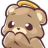 A brown cartoon bear with a golden halo above its head, holding its paws together near its face in an innocent, pleading g...