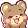 A brown bear cub with rosy pink cheeks smiling with eyes closed in a happy, blushing expression.