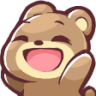 A brown bear cub with closed eyes and a wide, happy open-mouthed smile.