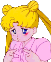Usagi Tsukino from Sailor Moon blushing and touching her index fingers together shyly.