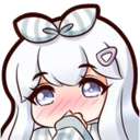 Anime girl with white hair and a bow blushing with a shy expression.
