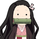 Nezuko Kamado with a blank expression and her bamboo muzzle.