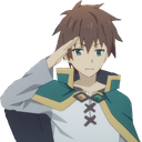 Kazuma Sato from Konosuba performing a casual, sarcastic hand salute.