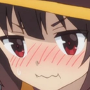 Megumin from Konosuba with a bright red blush on her cheeks and a shy, nervous expression.