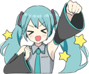 Hatsune Miku cheering with her arm raised and stars surrounding her.