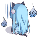 A blue-haired cat girl hunched over in sadness with two small ghosts floating nearby.