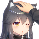 A cute anime catgirl with gray hair and cat ears winking while receiving a gentle headpat from a hand.