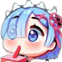 Rem from Re:Zero with blue hair and a maid headdress sipping from a pink drink.