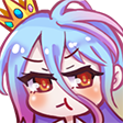 Shiro from No Game No Life with blue hair and a gold crown, giving a skeptical, annoyed pout.