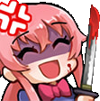 Yuno Gasai with pink hair smiling menacingly while holding a bloody knife with an anger symbol above her head.