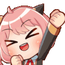 Anya Forger with pink hair cheering enthusiastically with both fists raised in the air.