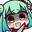Uruha Rushia with a crazed expression holding a bloody knife.
