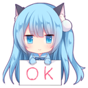 Chibi cat girl with blue hair holding a white sign that says OK with a neutral expression.