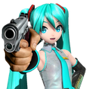 Hatsune Miku pointing a handgun directly at the viewer with a neutral expression.