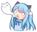 Anime girl with blue hair and cat ears has a ghost floating out of her mouth in shock.