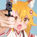 Senko-san from The Helpful Fox Senko-san pointing a realistic handgun directly at the viewer.