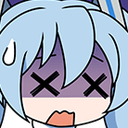 Hatsune Miku with blue hair has X-shaped eyes and a sweat drop, indicating she is defeated or exhausted.