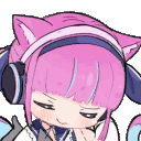 Anime girl with pink hair and cat ears wearing headphones and bobbing her head with a smug expression.