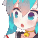 Hatsune Miku with teal hair eating a snack with a happy expression.