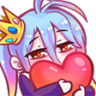 Shiro from No Game No Life wearing a gold crown and holding a large red heart with a smug expression.