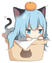 Anime girl with cat ears resting inside a cardboard box with an orange on her head.