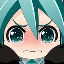 Hatsune Miku with a flushed face, furrowed brows, and a pouty expression.