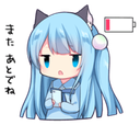 Anime girl with blue hair and cat ears looking tired with a low battery icon above her head.