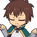 Kazuma from Konosuba in a chibi style shrugging with his eyes closed.