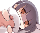 Anime girl with brown hair snuggling into a blanket with a sleepy expression.