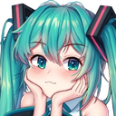 Hatsune Miku with teal hair squishing her cheeks with her hands and looking at the viewer.