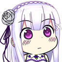 Emilia from Re:Zero with a blank, suspicious expression and purple eyes.