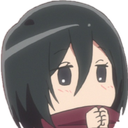 Mikasa Ackerman with a blushing, shy expression holding her scarf up to her face.