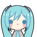 Hatsune Miku chibi with blue twin tails smiling happily with pink blushing cheeks.