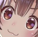 Inugami Korone with large brown eyes staring intensely with a small, smug smile.