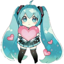 Hatsune Miku in a chibi art style holding a pink heart with a sweet expression.